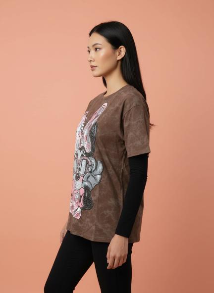Stylish Cartoon Graphic Printed Brown Cotton T-Shirt for Women