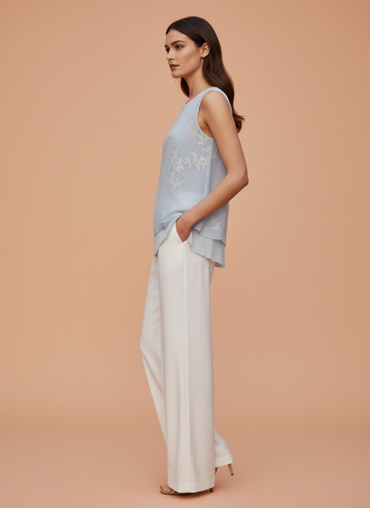 Elegant Pastel Blue Embroidered Top & White Wide-Leg Pants Set