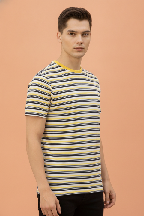 Mens Premium Cotton Striped Half Sleeve Crew Neck T-Shirts