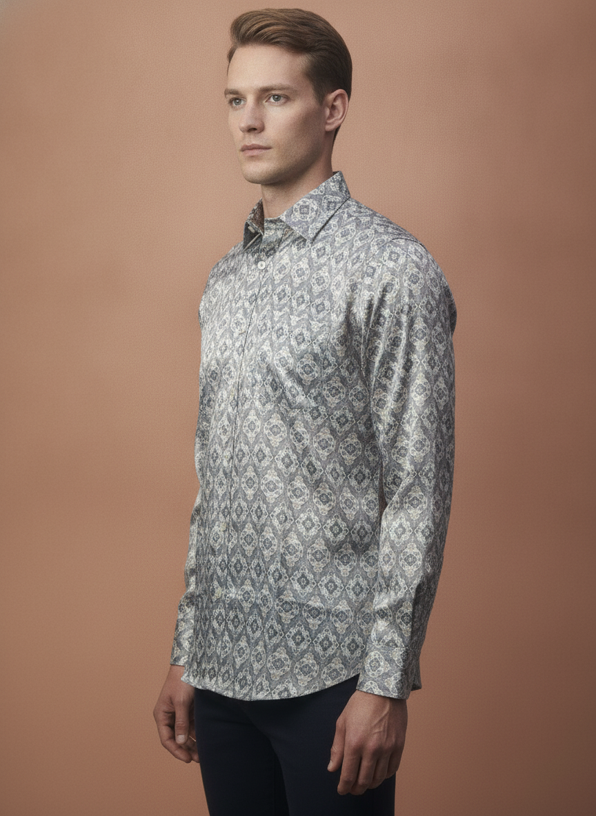 Men'S Poly Satin Lycra Grey Digital Printed Shirt