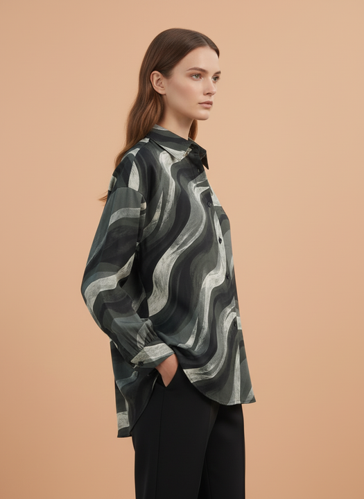 Women's Grey & Black Abstract Wavy Printed Oversized Shirt