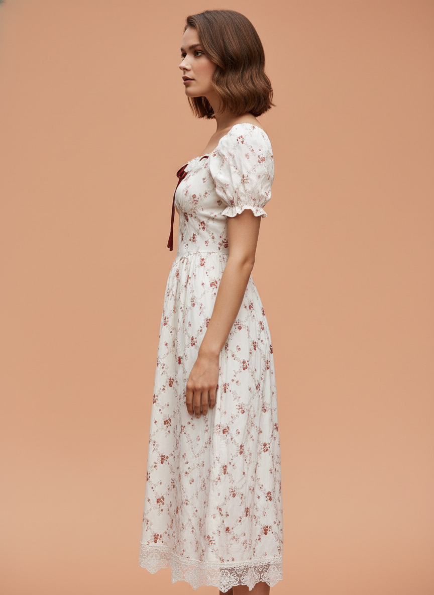 White Floral Puff Sleeve Midi Dress with Lace Hem