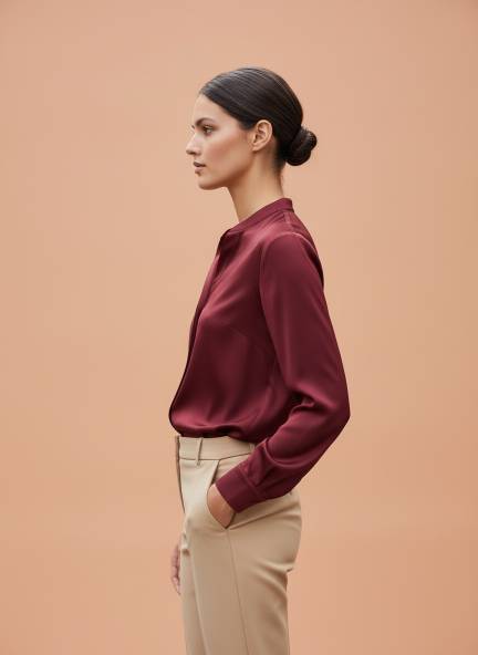 Summer Satin Maroon Mandarin Collar Shirt