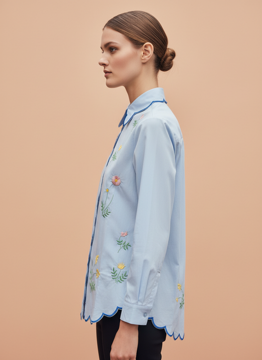 Elegant Sky Blue Floral Embroidered Scallop Edge Shirt for Women
