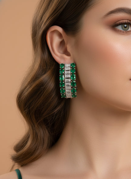 Elegant Green & Silver Cubic Zirconia Hoop Earrings for Women