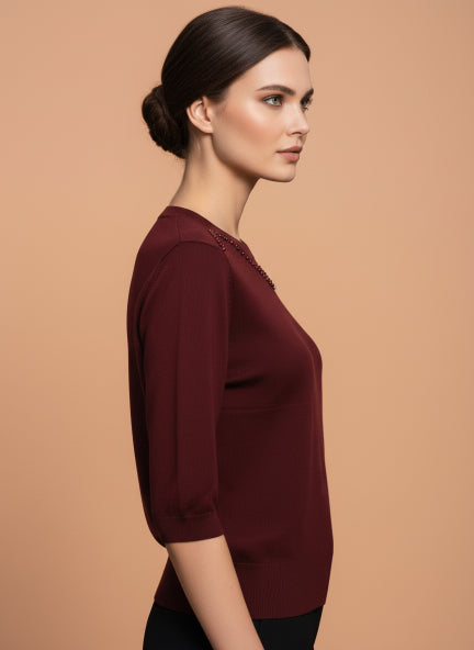 Elegant Burgundy Half Sleeve Knit Top with Embellished Neckline