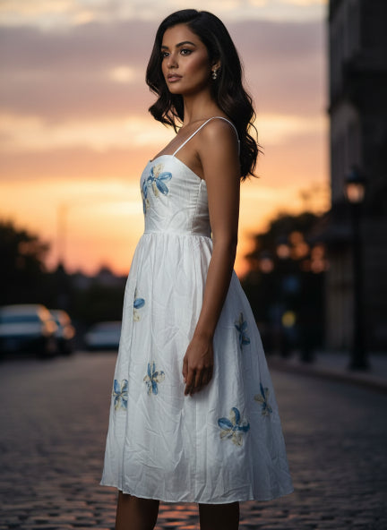 Elegant White Floral Appliqué Midi Dress for Women