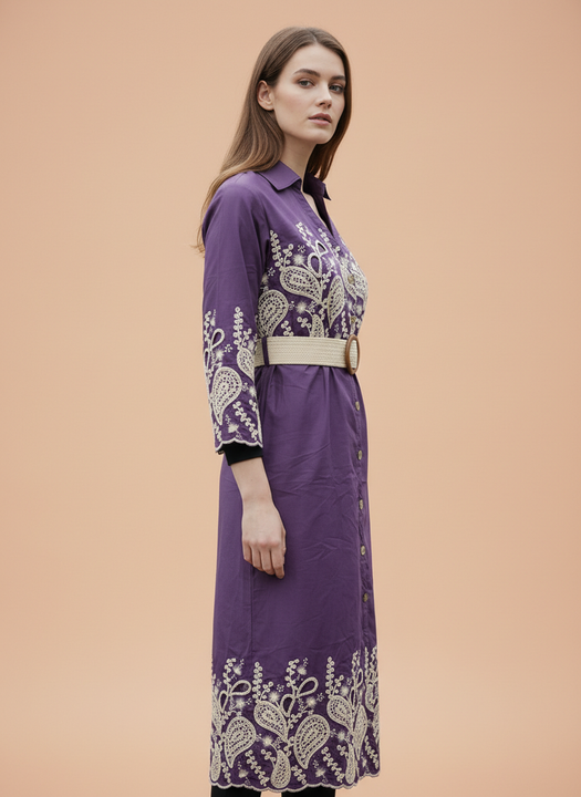 Women’s Purple Embroidered Shirt Dress with Belt