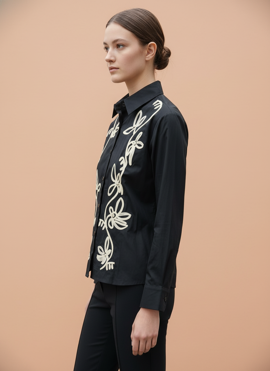 Elegant Black Embroidered Shirt for Women