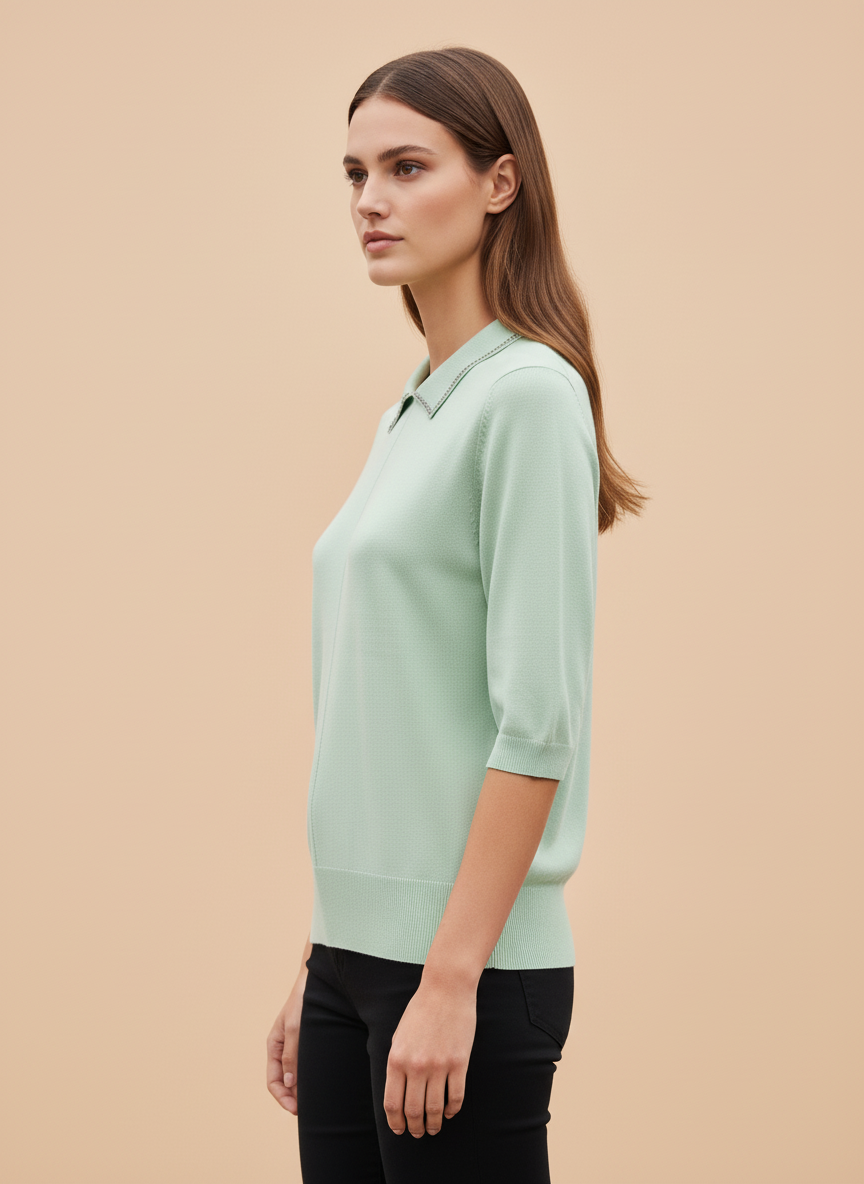 Mint Green Knit Top with Embellished Peter Pan Collar