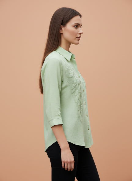 Mint Green Beaded Floral Linen Shirt