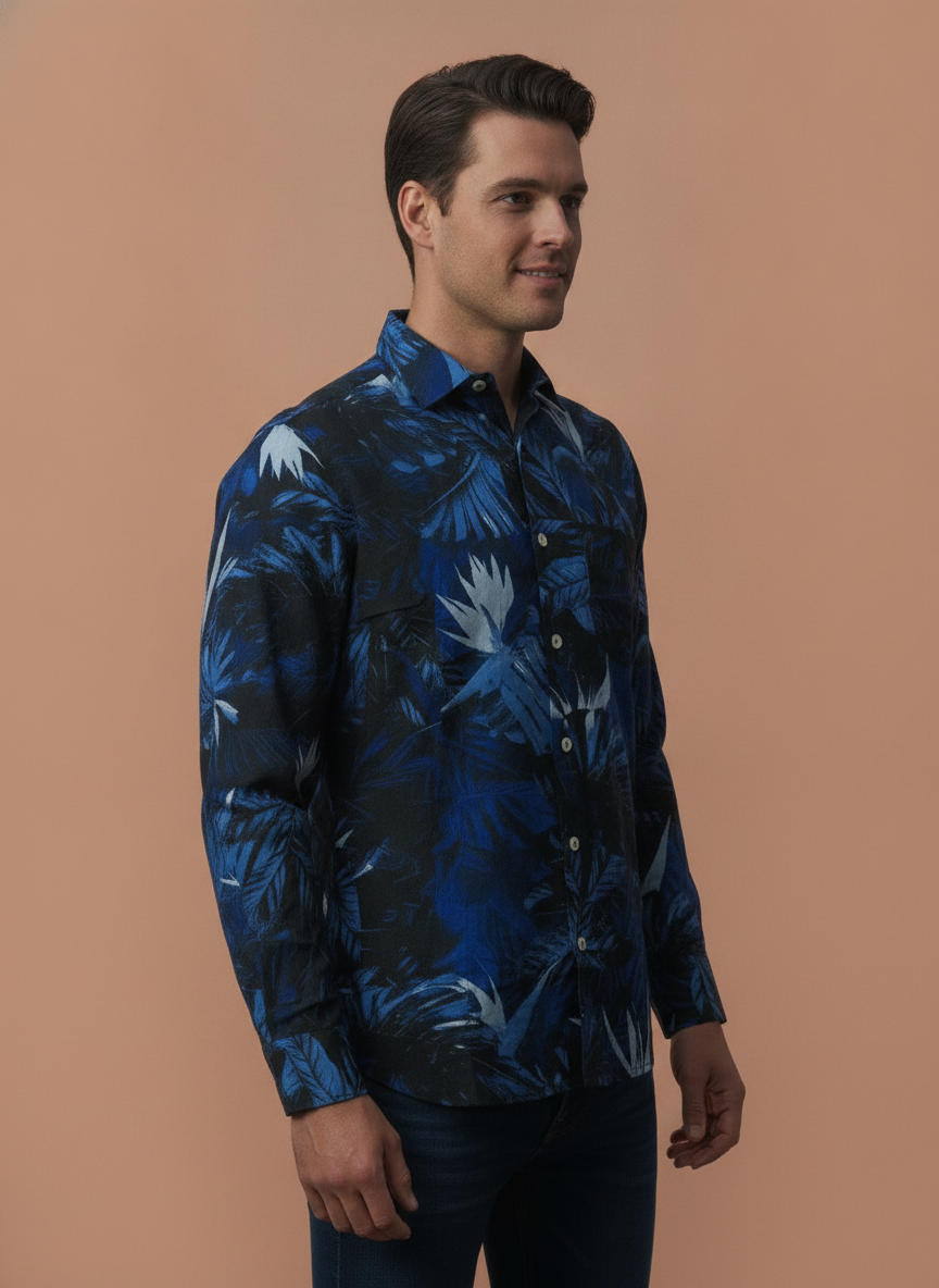 Men'S Premium Rayon Shirt With Tropical Blue Print