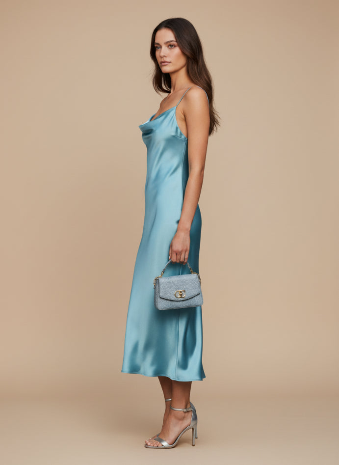 Women’s Luxury Satin Midi Dress Aqua Spaghetti Strap