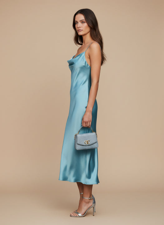 Women’s Luxury Satin Midi Dress Aqua Spaghetti Strap