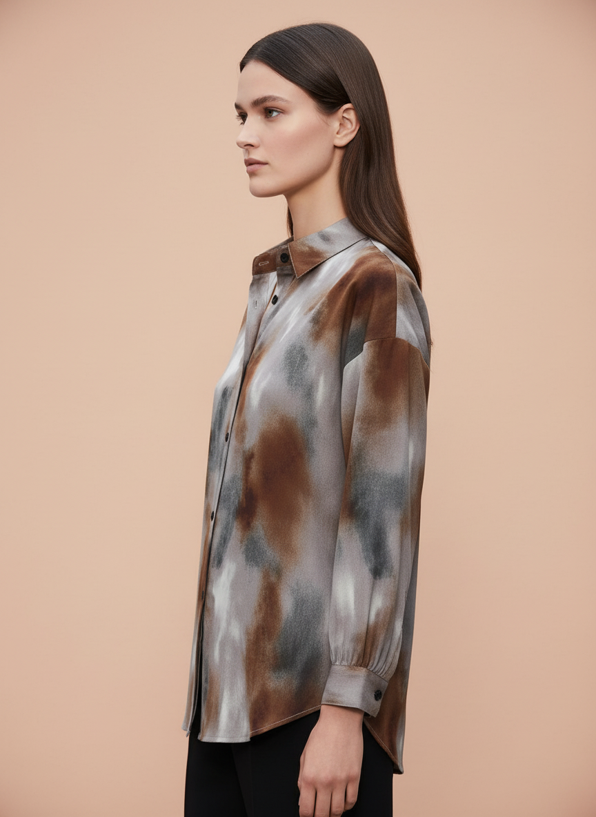 Women's Brown & Grey Abstract Tie-Dye Oversized Shirt