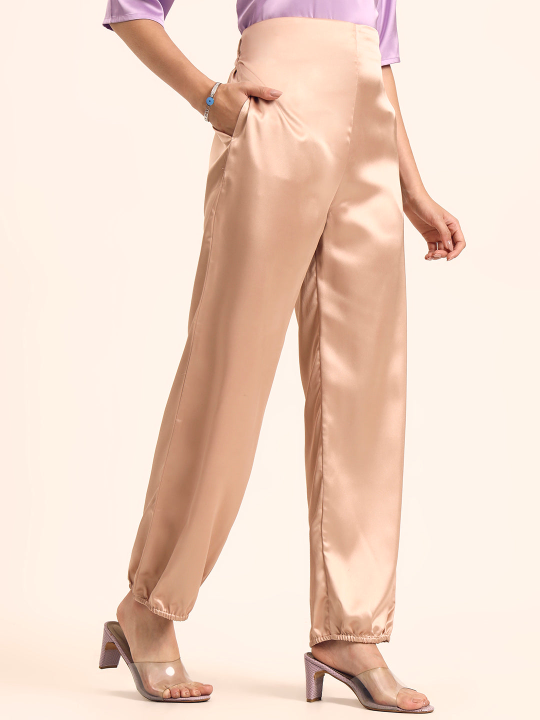 Luxury Satin Wide Leg Pants European Fabric  Light Beige Glam Look