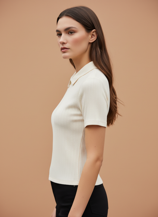 Women’s Off White Ribbed Knit Quarter Zip Polo T-Shirt