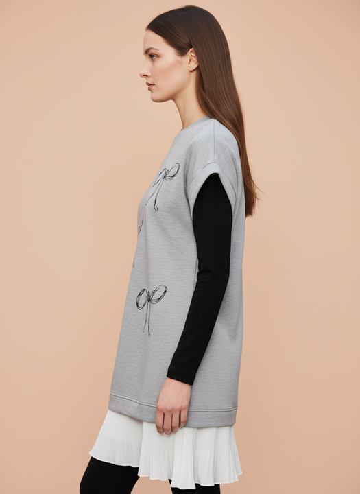 Women’s Grey Printed Tunic Dress with Layered Hem