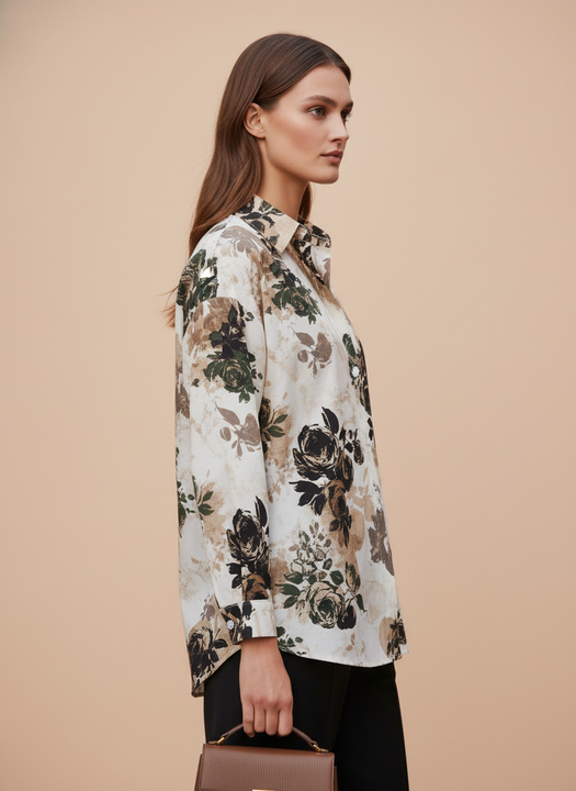 Beige Black Floral Printed Women Shirt