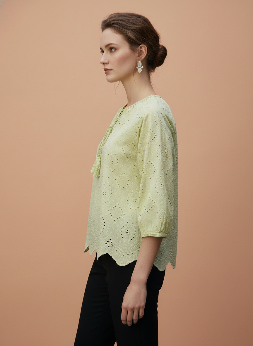 Chic Cutwork Women’s Top with Tassel Tie