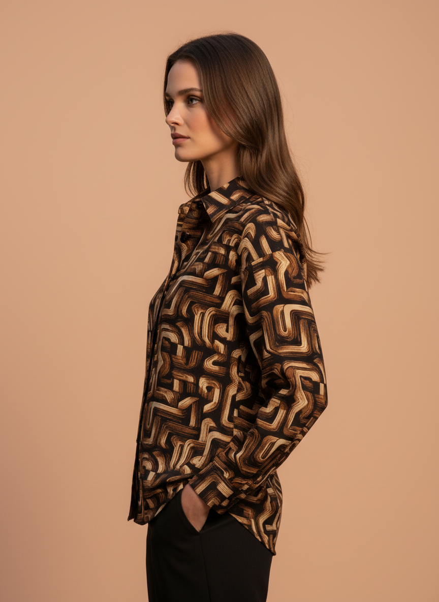 Brown Abstract Geometric Print Full Sleeve Shirt for Women