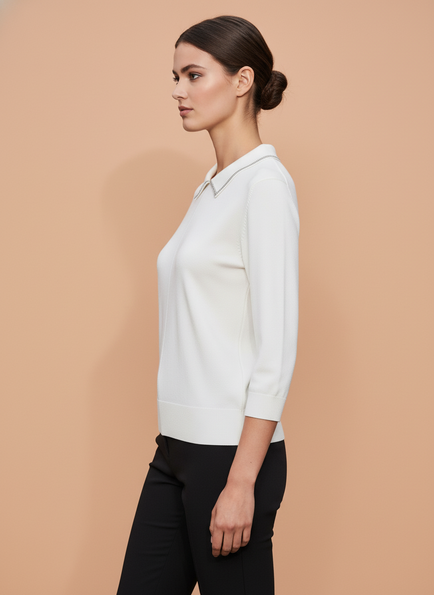 White Knit Top with Embellished Peter Pan Collar