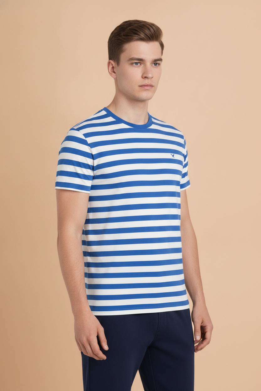 Mens Premium Cotton Striped Half Sleeve Crew Neck T-Shirts