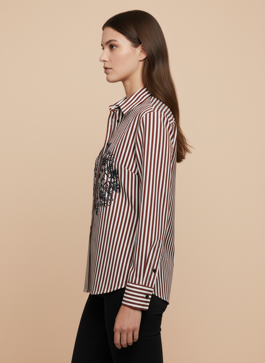 Rust Elegance Striped Floral Embroidered Shirt