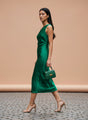 Women’s Luxury European Satin Emerald Green Midi Dress