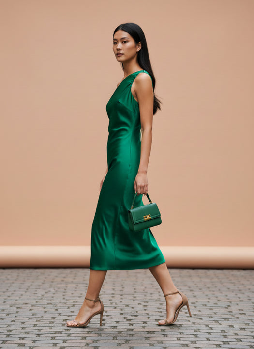 Women’s Luxury European Satin Emerald Green Midi Dress