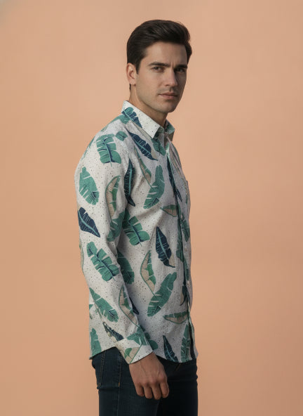 Men'S Premium Rayon Shirt With Classic White & Green Tropical Print