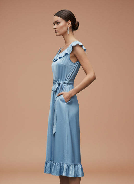Women’s Luxury European Satin Ice Blue Mist Midi Dress