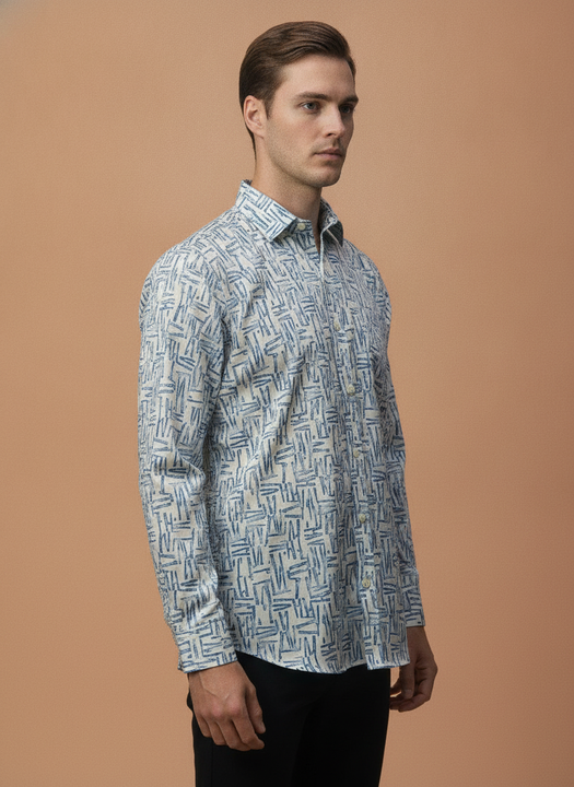 Men'S Poly Satin Lycra Blue Digital Printed Shirt