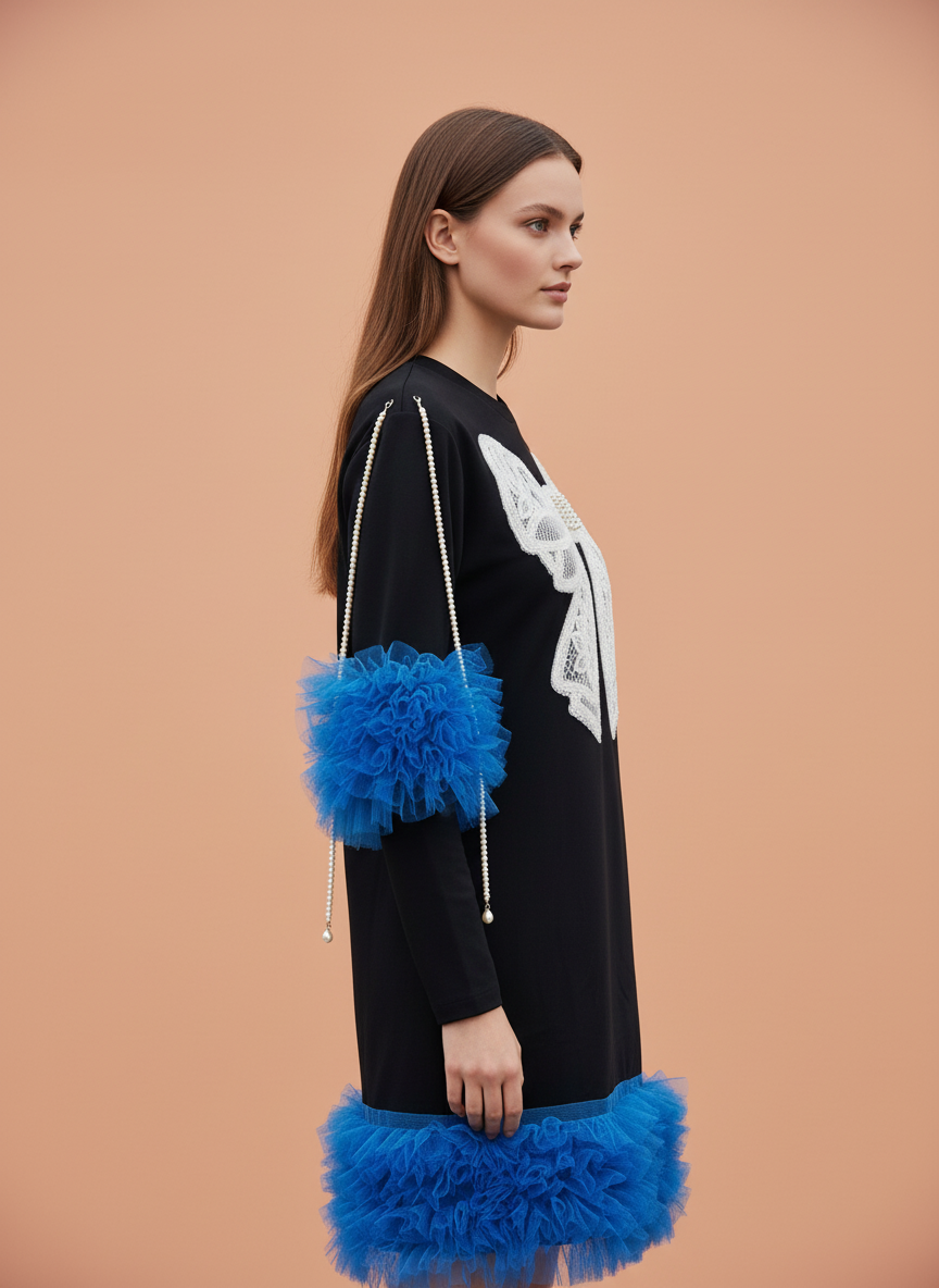 Elegant Bow Detail Black Dress with Blue Ruffle Accents