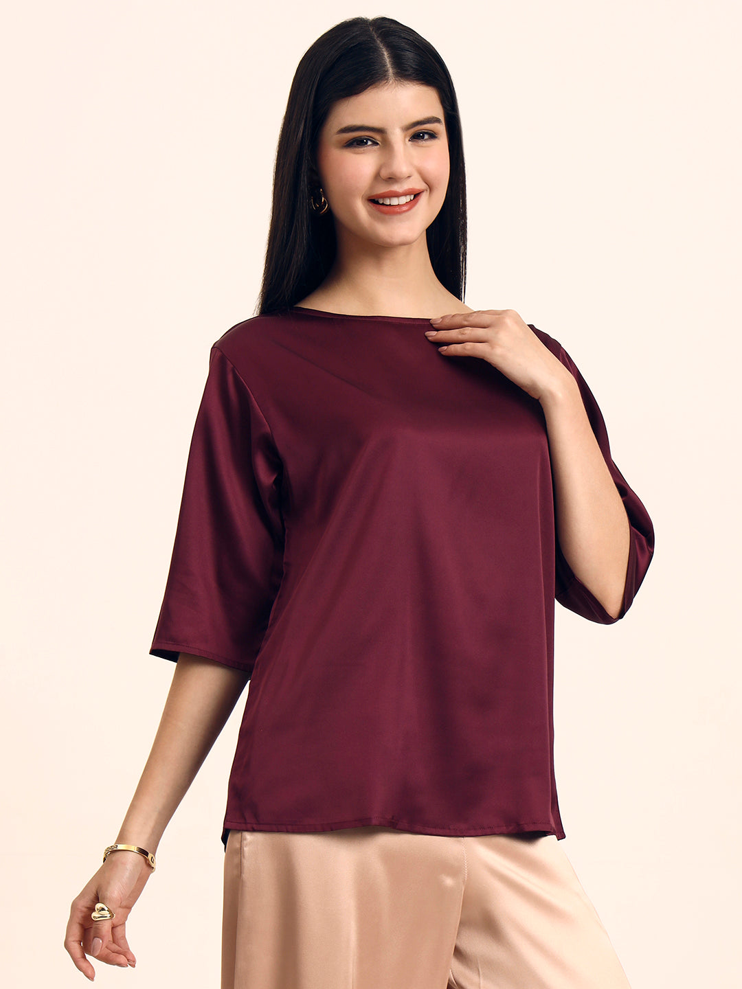 Women's Luxury Elegant Deep Plum European Satin Top