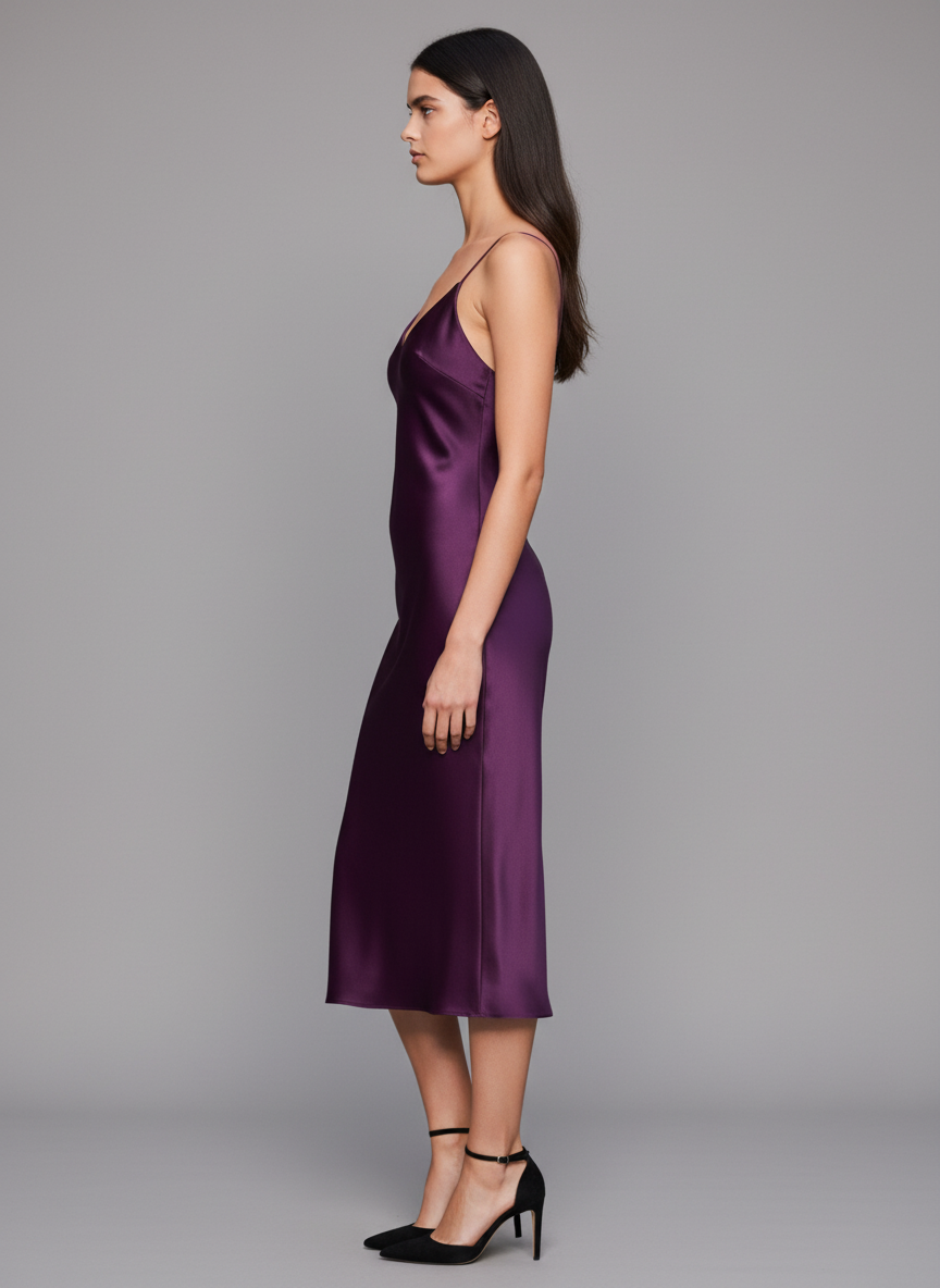 Women’s Luxury Satin Midi Dress Deep Plum Spaghetti Strap