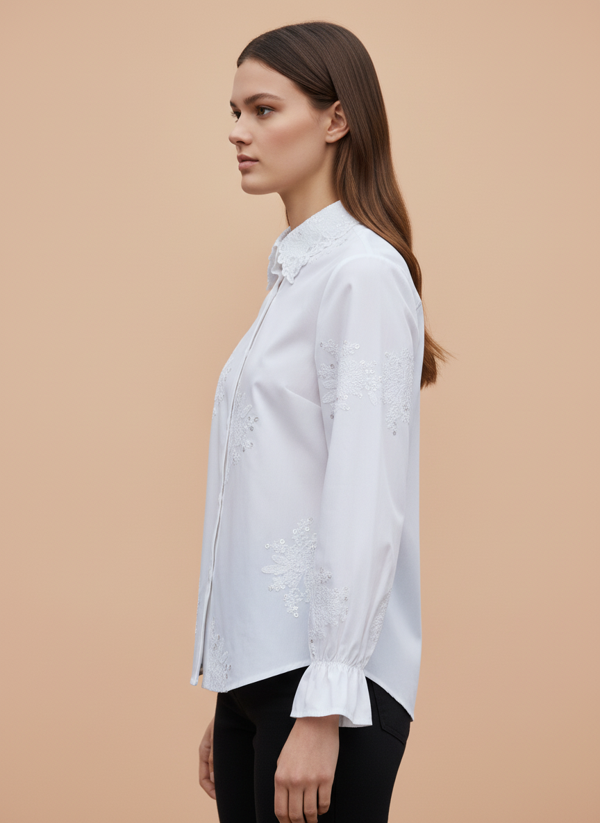 Women’s Elegant White Embroidered Shirt with Lace Collar