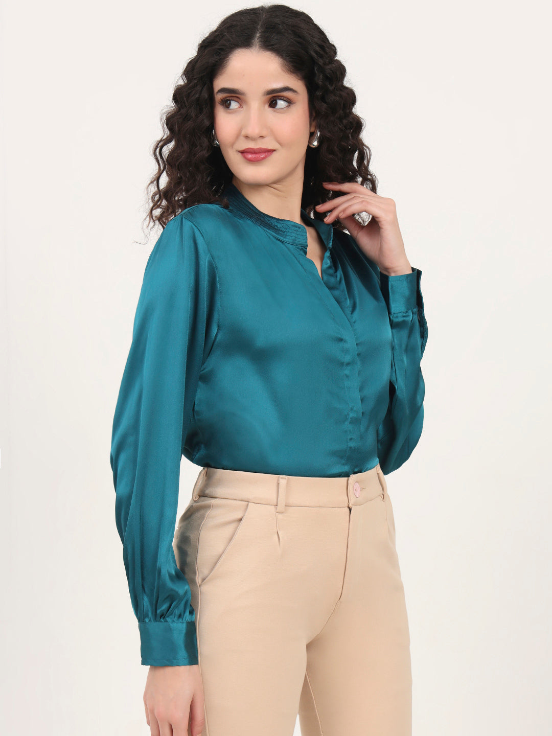 Summer Satin Peacock Mandarin Collar Shirt