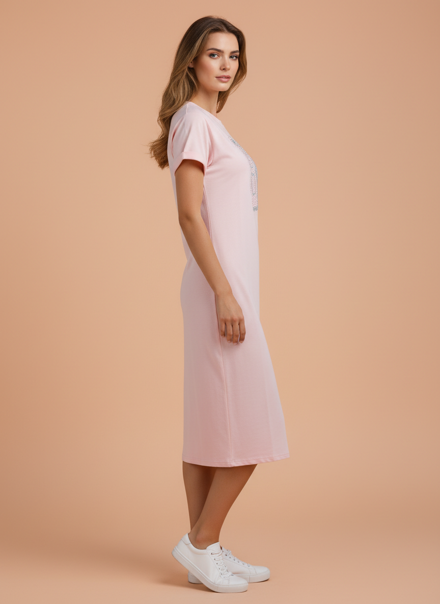 Women’s Soft Pink Midi Dress with Teddy Bear Print
