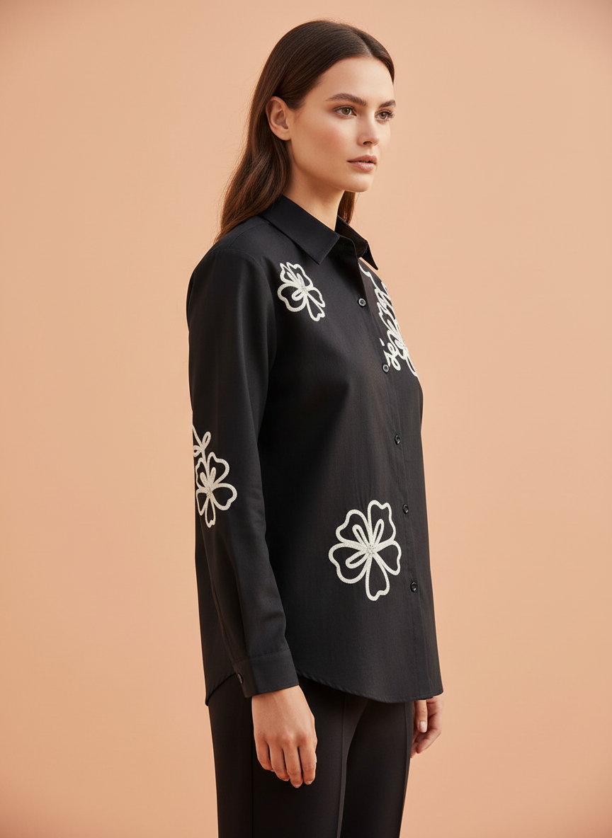 Elegant Black Floral Embroidered Shirt for Women