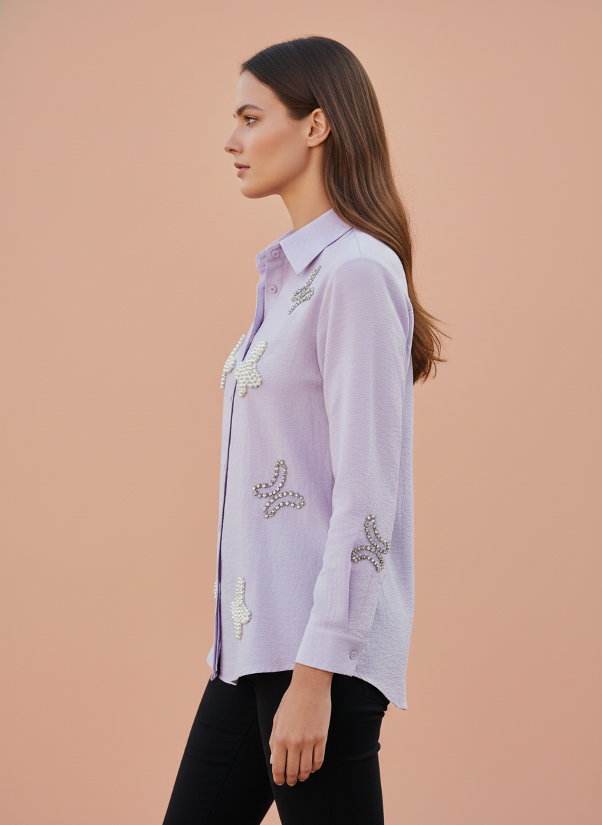 Lavender Pearl Embellished Designer Womens Shirt