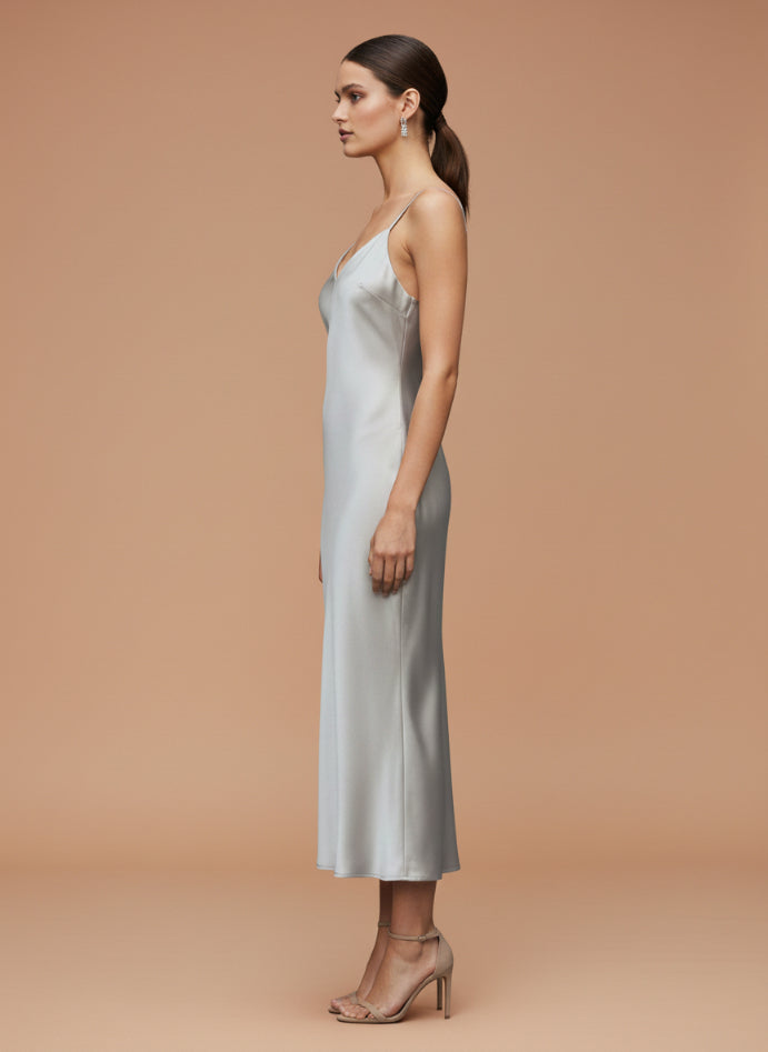 Women's Luxury Satin Silver Grey V-Neck Midi Dress