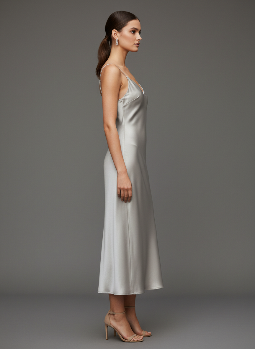 Women's Luxury Satin Silver Grey V-Neck Midi Dress