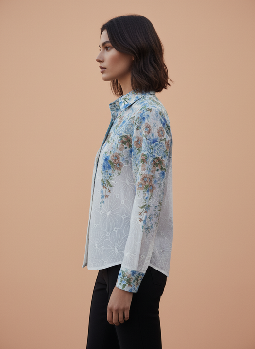 White Blue Floral Embroidered Shirt for Women