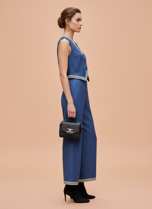 Chic Parisian Blue Co-ord Set – Sleeveless Vest & Wide-Leg Pants