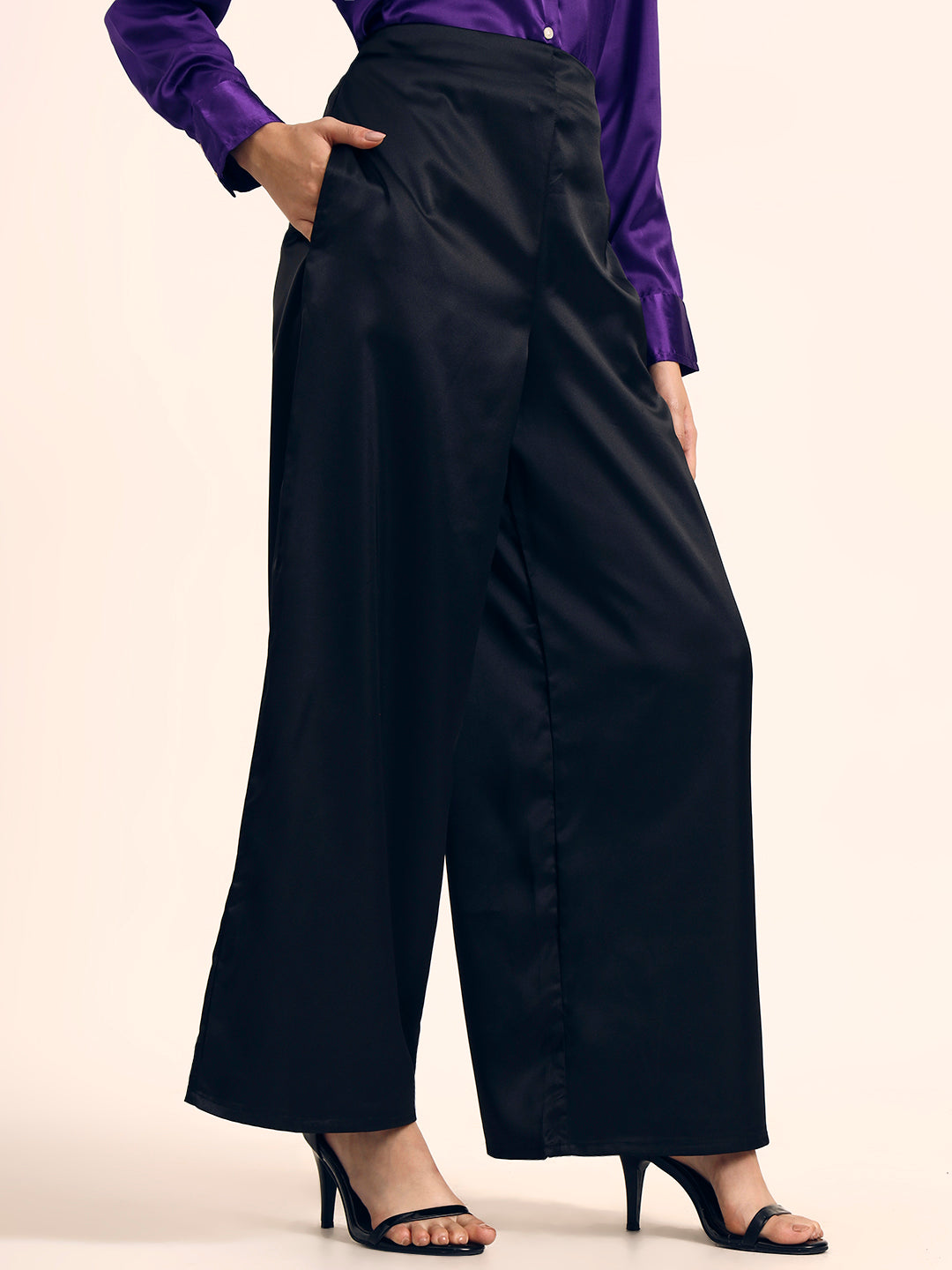 Luxury Satin Wide Leg Pants European Fabric  Black Glam Look