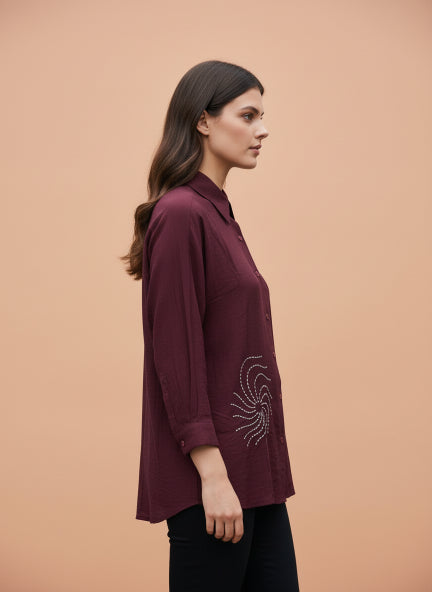 Maroon Spiral Pearl Beaded Linen Shirt
