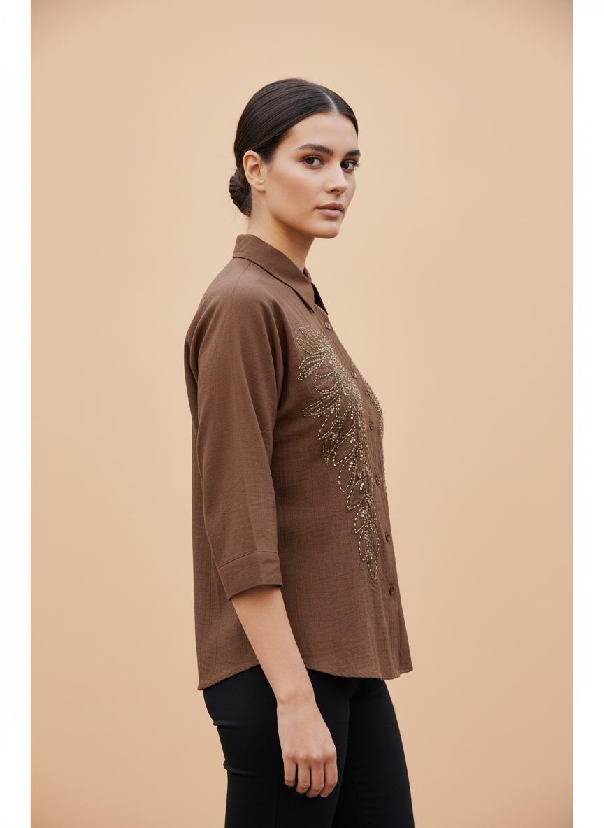 Elegant Earth-Tone Embroidered Cotton Shirt for Women