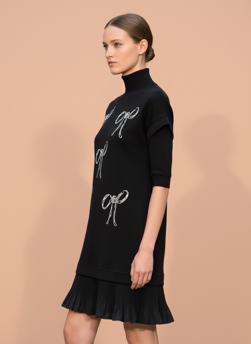 Luxury Black Bow Embellished A-Line Mini Dress