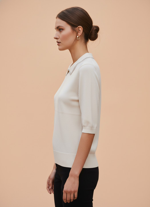 Off White Knit Top with Embellished Peter Pan Collar